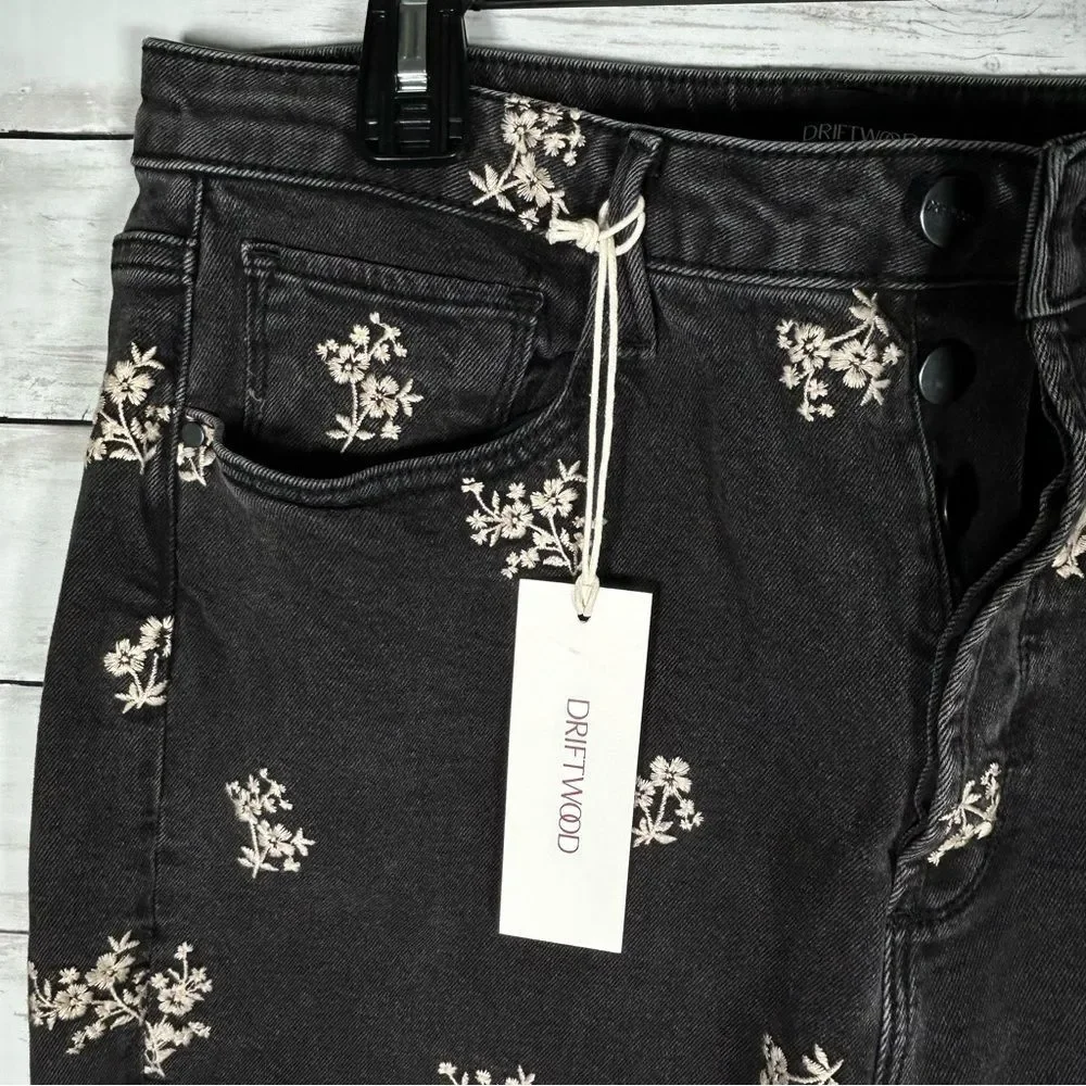 Driftwood Jeans Black Royce Clover Embroidered Button fly Raw Hem 32x26 NWT - Picture 6 of 10